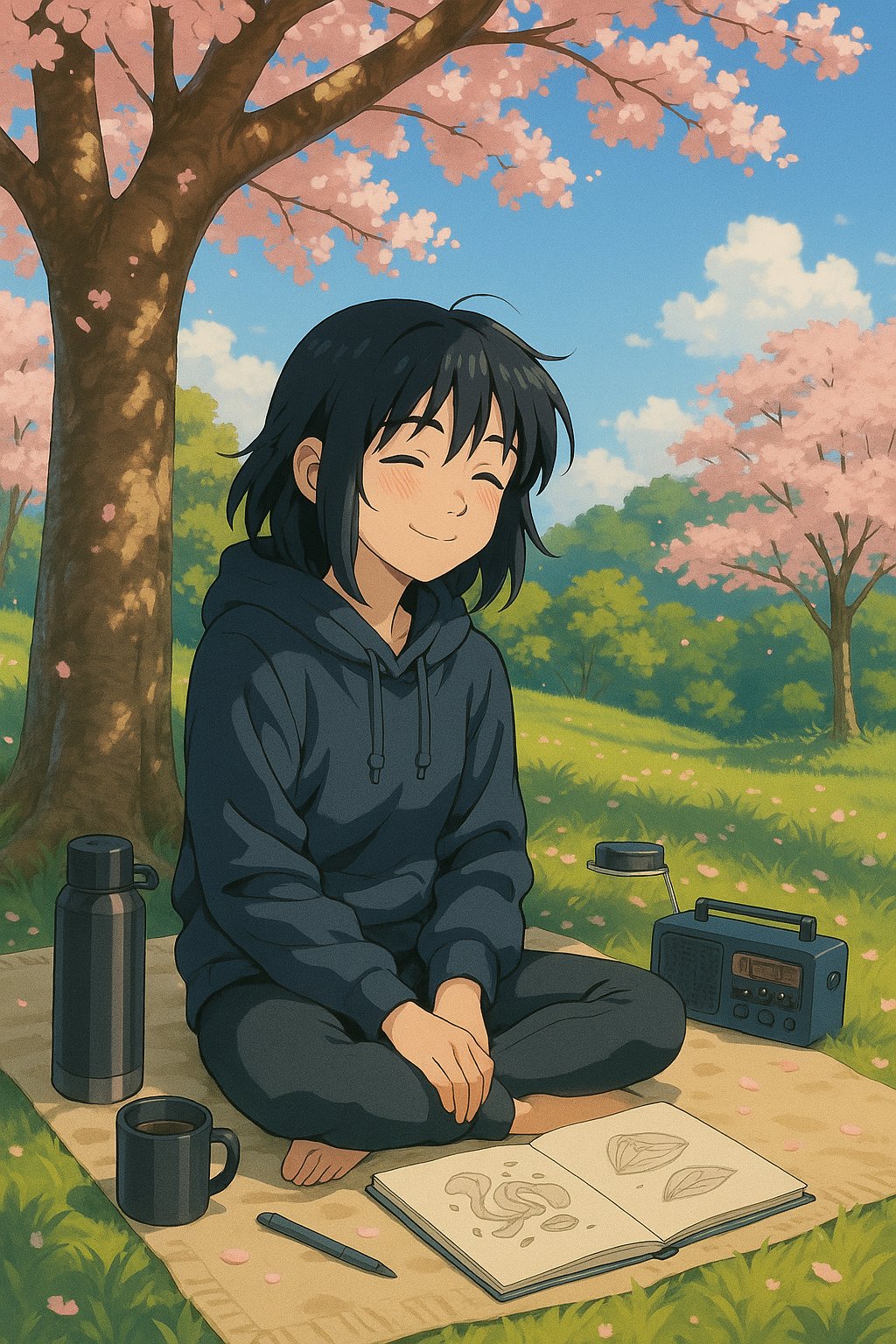 Mirai studying under cherry blossoms