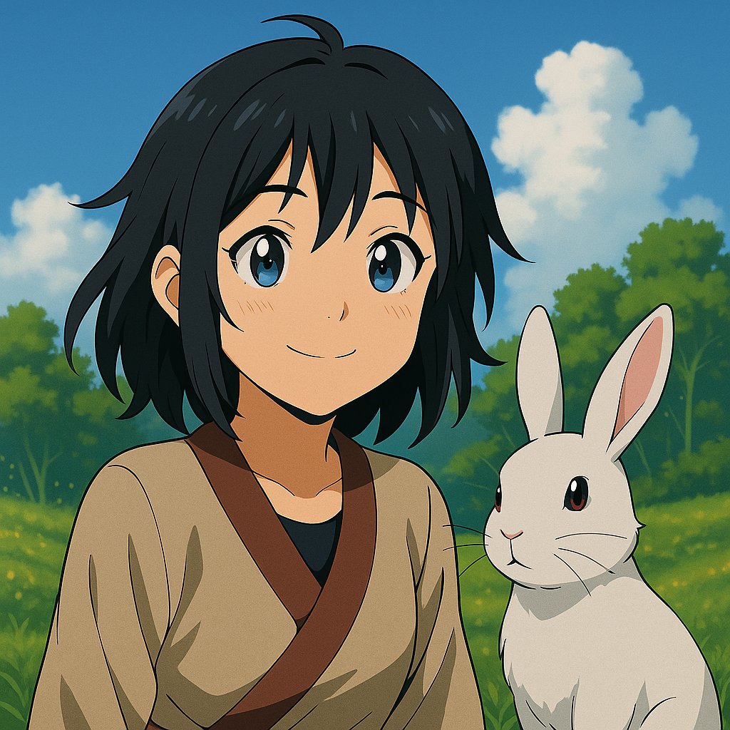 Mirai with white rabbit outdoors