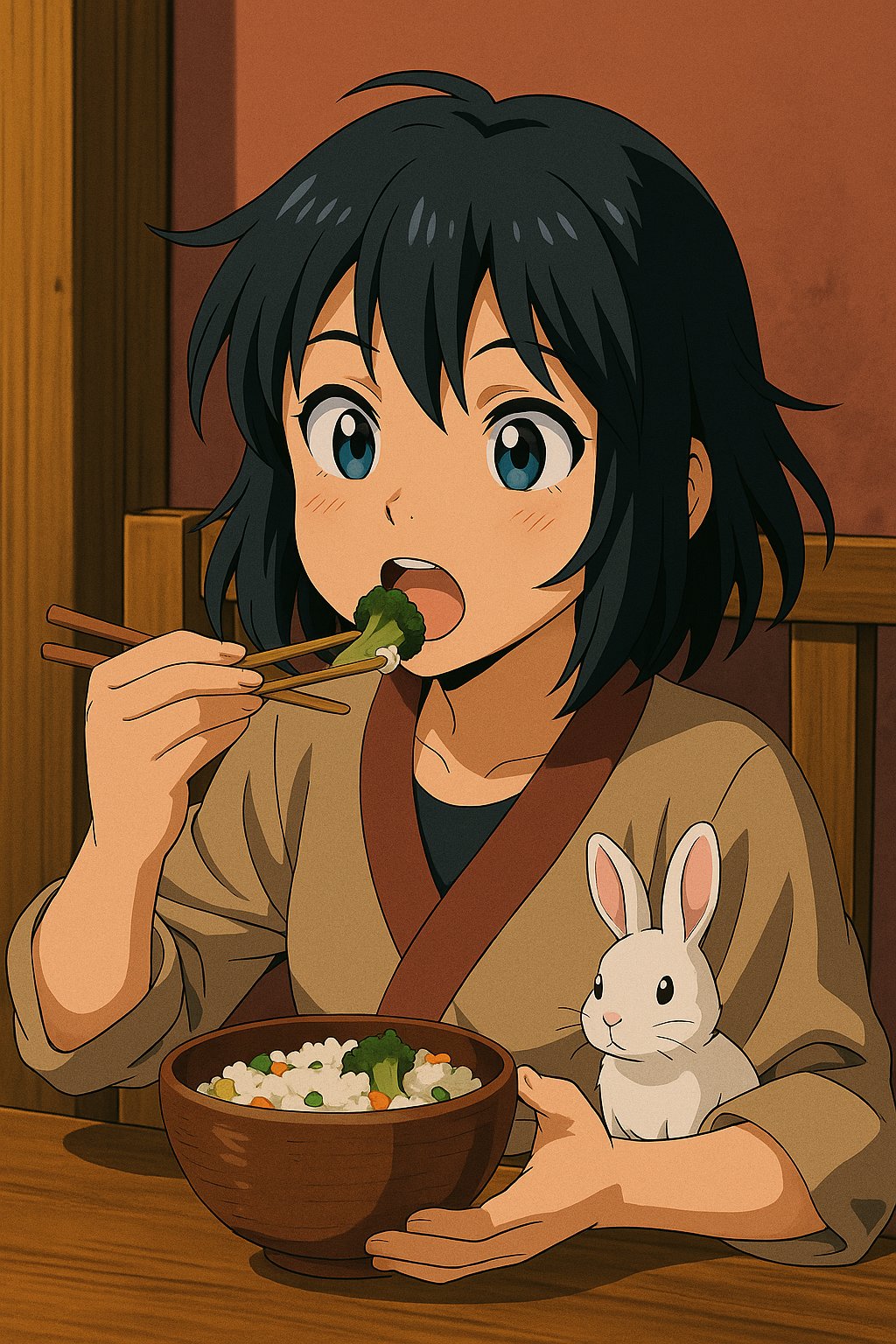 Mirai eating with rabbit companion